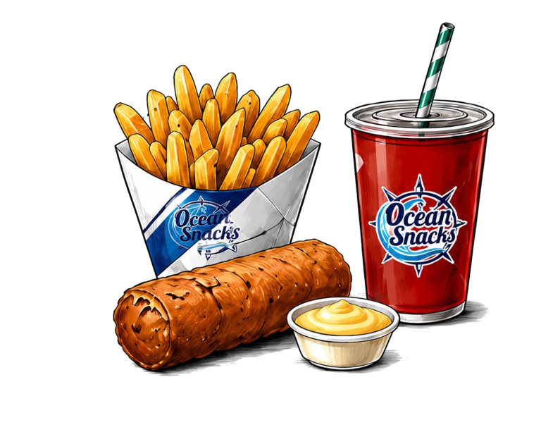 Illustratie van een compleet combimenu met friet, snack, saus en drankje in woodcut-stijl
